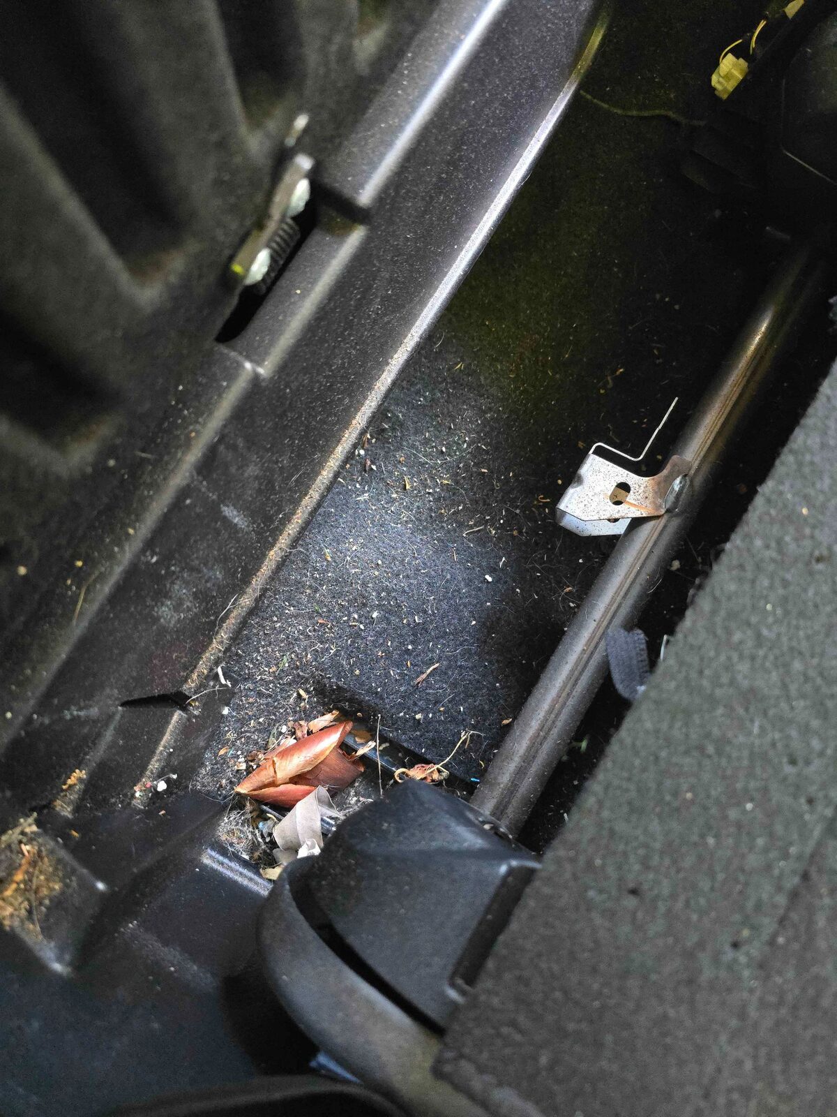 Debris and grime under car seat before cleaning